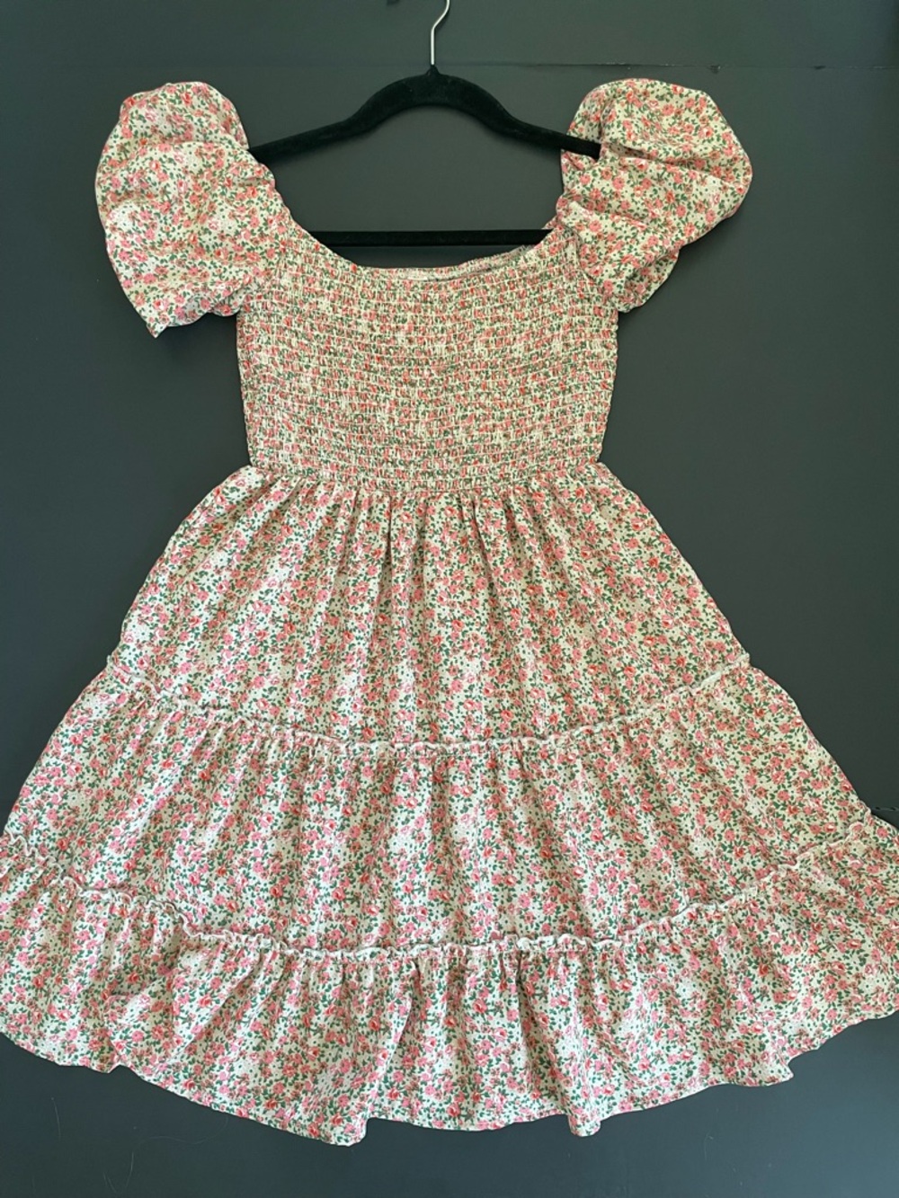 SHEIN Smocked Puff-Sleeve Floral Summer Dress - Pink/Green size S